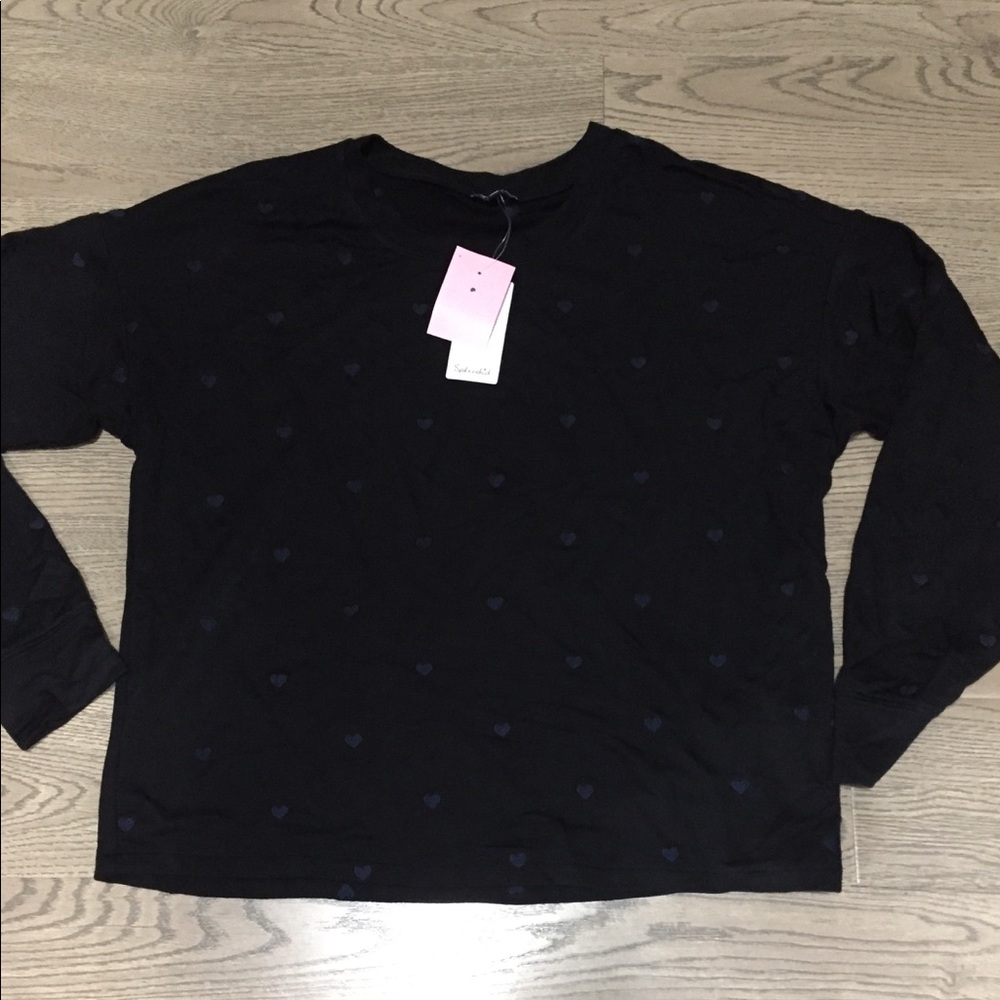 Splendid heart print stretch crew top navy NWT sm